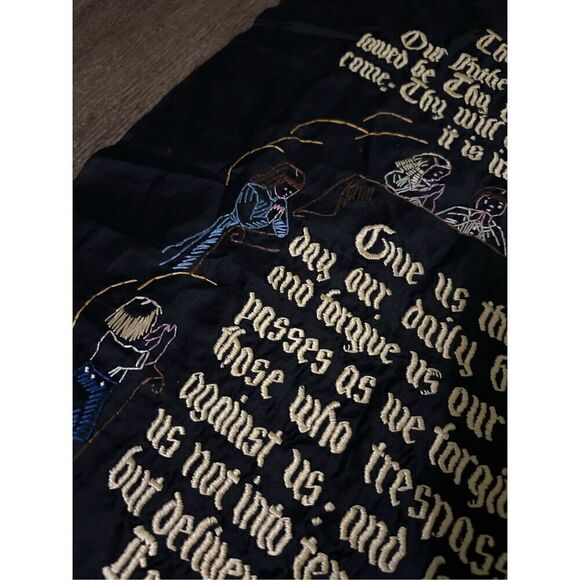 Vintage Hand Stitched The Lords Prayer Decor Unframed Fabric 26”x17” Black Gold - Picture 4 of 7